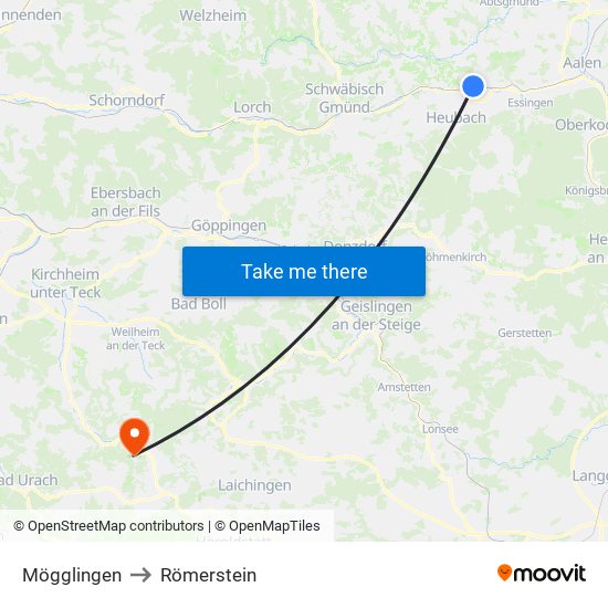 Mögglingen to Römerstein map