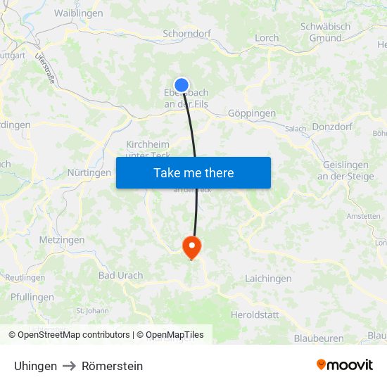 Uhingen to Römerstein map