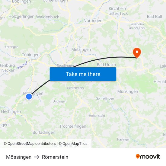 Mössingen to Römerstein map