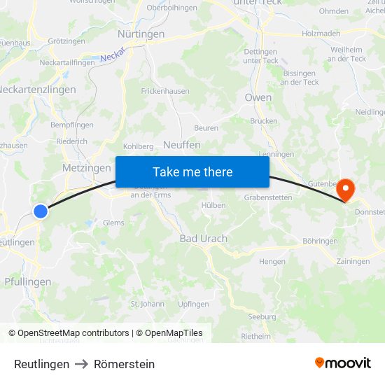 Reutlingen to Römerstein map