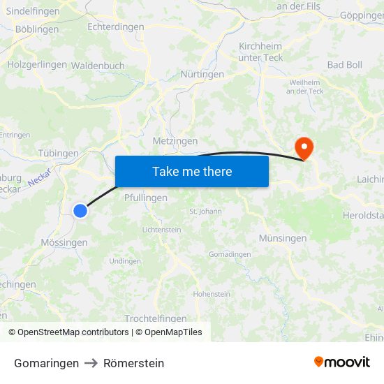 Gomaringen to Römerstein map