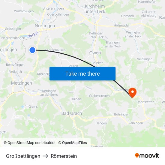Großbettlingen to Römerstein map