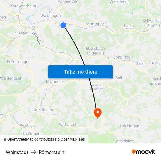 Weinstadt to Römerstein map
