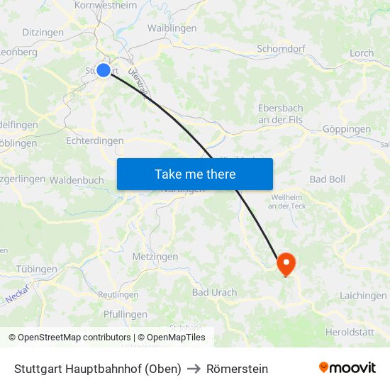 Stuttgart Hauptbahnhof (Oben) to Römerstein map