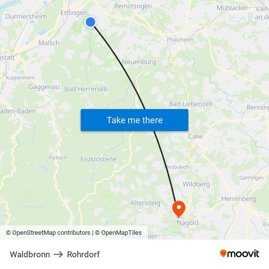 Waldbronn to Rohrdorf map