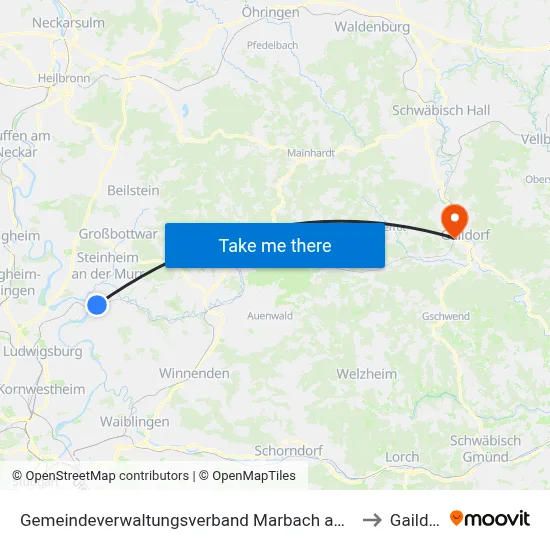 Gemeindeverwaltungsverband Marbach am Neckar to Gaildorf map