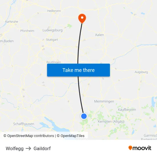 Wolfegg to Gaildorf map