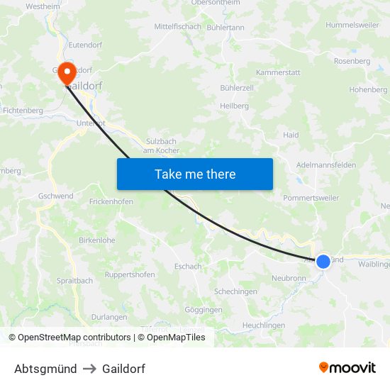 Abtsgmünd to Gaildorf map