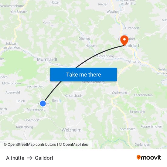 Althütte to Gaildorf map