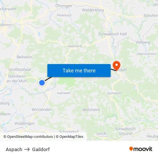 Aspach to Gaildorf map