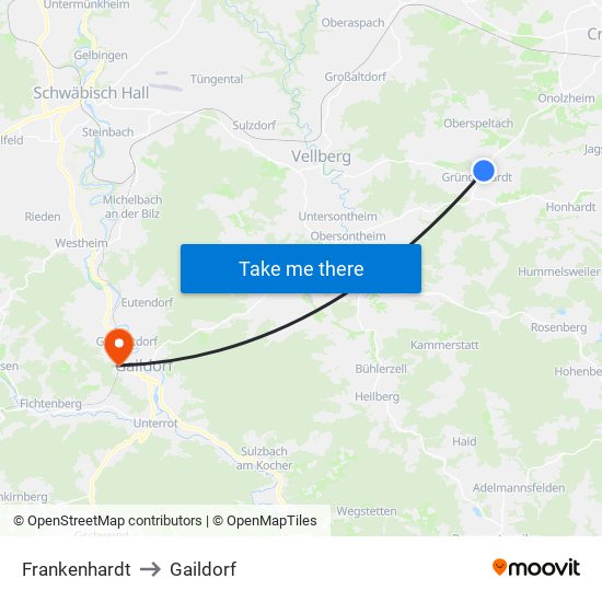 Frankenhardt to Gaildorf map