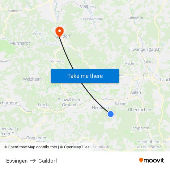 Essingen to Gaildorf map