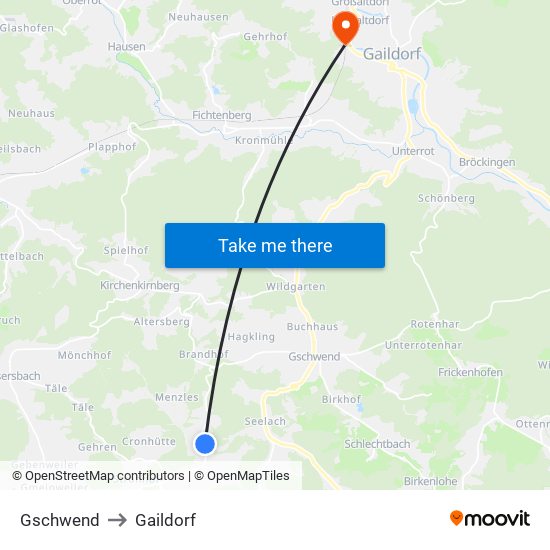 Gschwend to Gaildorf map