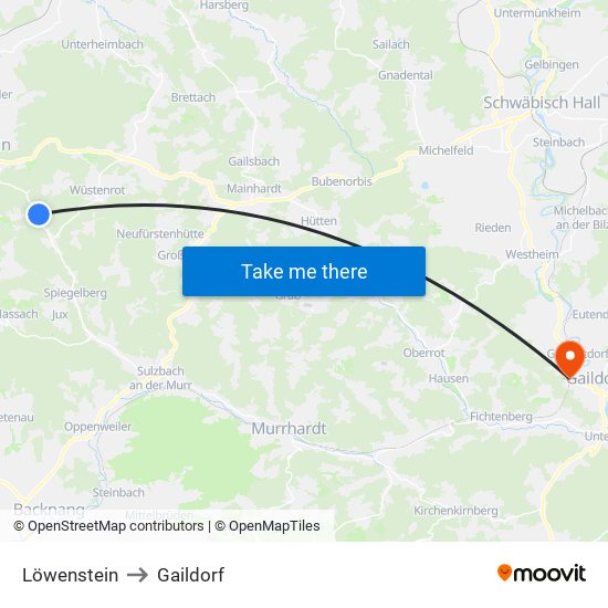 Löwenstein to Gaildorf map