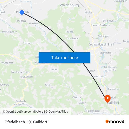 Pfedelbach to Gaildorf map