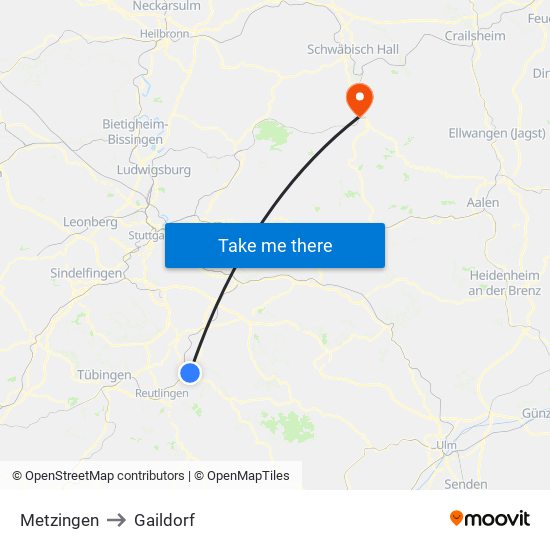 Metzingen to Gaildorf map