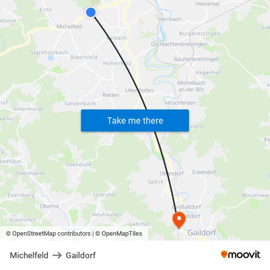 Michelfeld to Gaildorf map