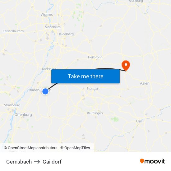 Gernsbach to Gaildorf map