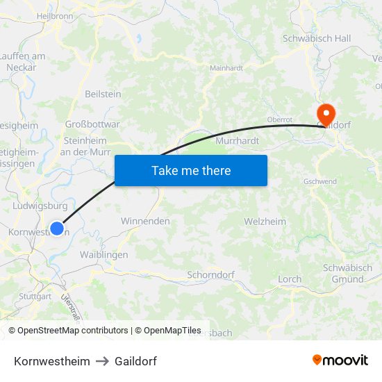 Kornwestheim to Gaildorf map
