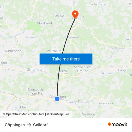 Göppingen to Gaildorf map