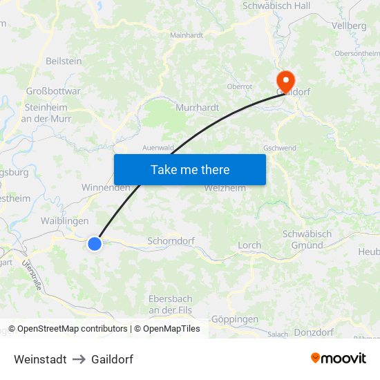 Weinstadt to Gaildorf map