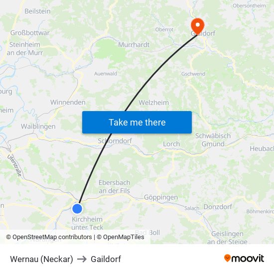 Wernau (Neckar) to Gaildorf map