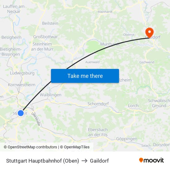 Stuttgart Hauptbahnhof (Oben) to Gaildorf map