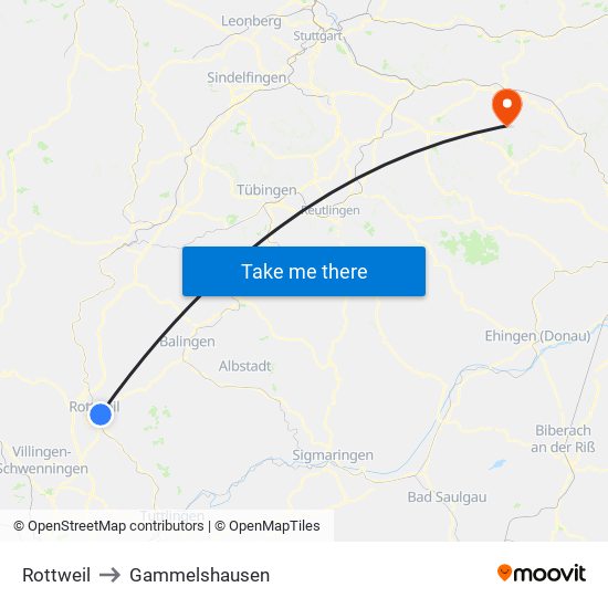 Rottweil to Gammelshausen map