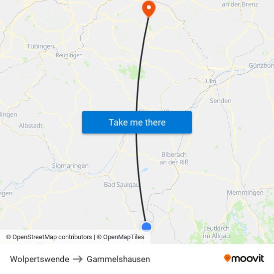 Wolpertswende to Gammelshausen map