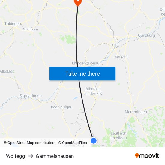 Wolfegg to Gammelshausen map