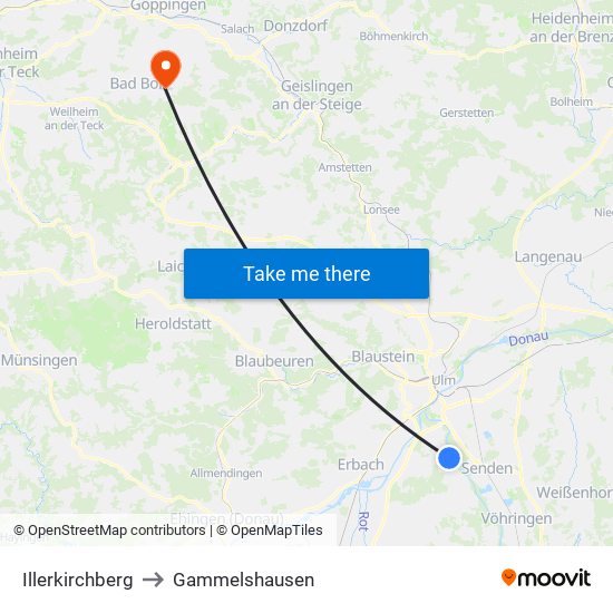 Illerkirchberg to Gammelshausen map