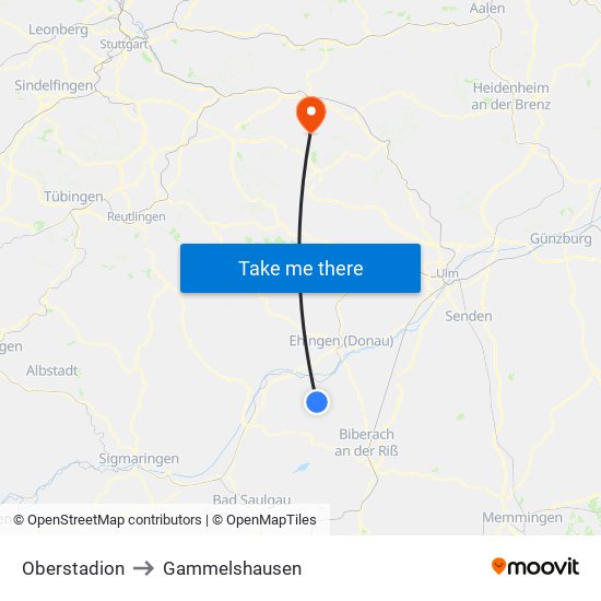 Oberstadion to Gammelshausen map