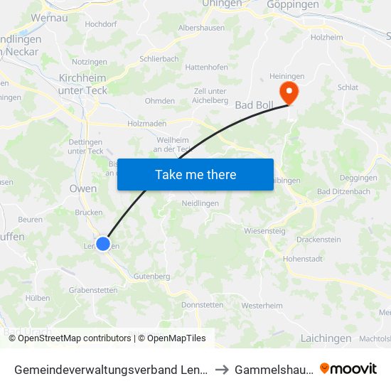 Gemeindeverwaltungsverband Lenningen to Gammelshausen map