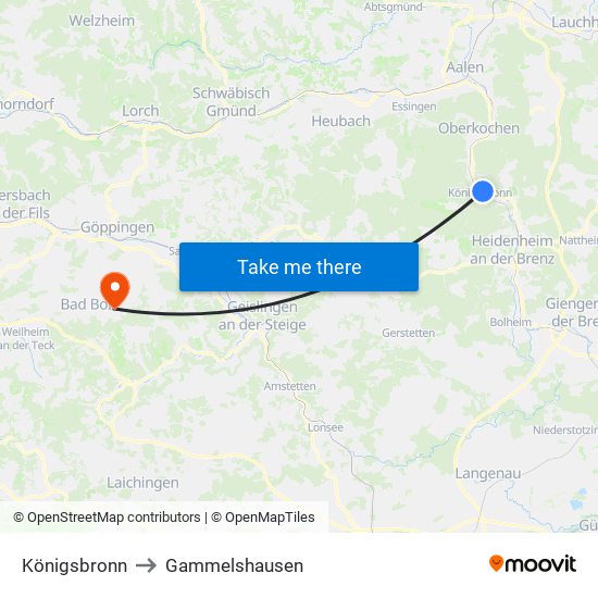 Königsbronn to Gammelshausen map