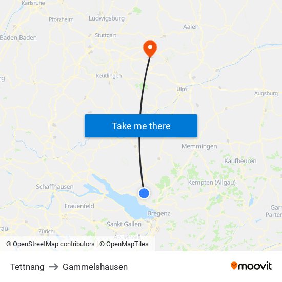 Tettnang to Gammelshausen map