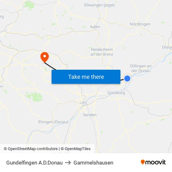 Gundelfingen A.D.Donau to Gammelshausen map