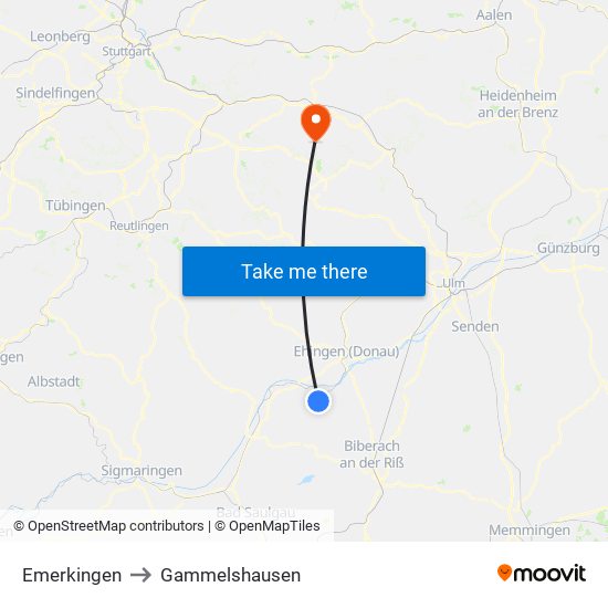 Emerkingen to Gammelshausen map