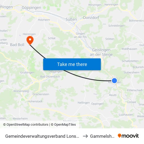 Gemeindeverwaltungsverband Lonsee-Amstetten to Gammelshausen map