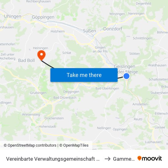 Vereinbarte Verwaltungsgemeinschaft Der Stadt Geislingen An Der Steige to Gammelshausen map
