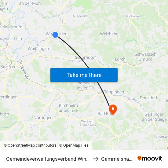 Gemeindeverwaltungsverband Winnenden to Gammelshausen map