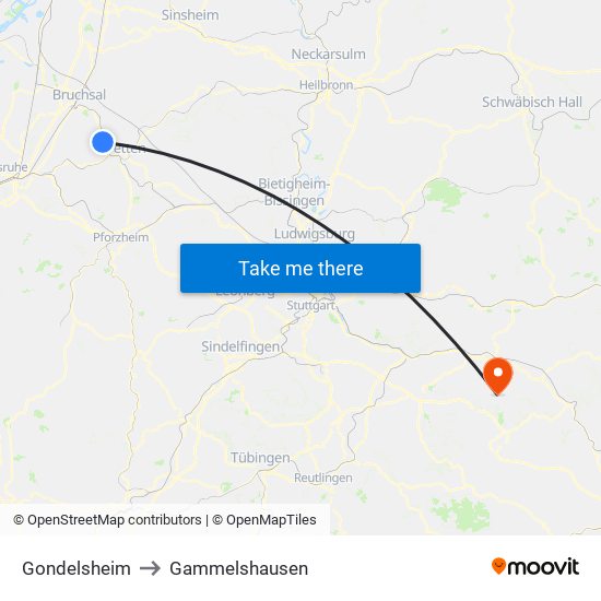 Gondelsheim to Gammelshausen map