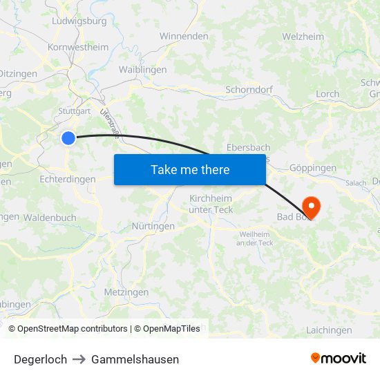 Degerloch to Gammelshausen map