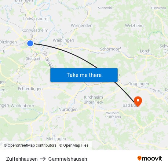 Zuffenhausen to Gammelshausen map