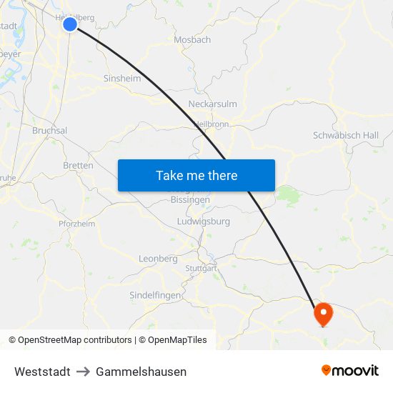 Weststadt to Gammelshausen map