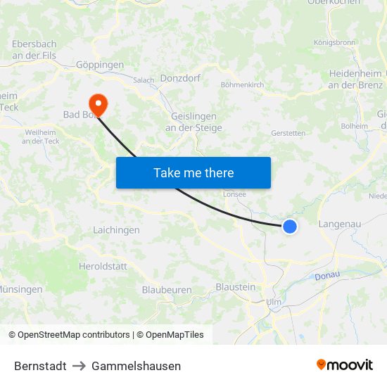 Bernstadt to Gammelshausen map