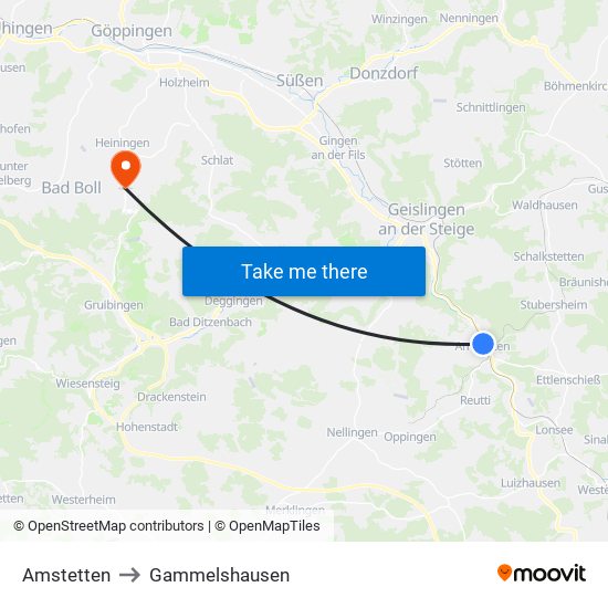 Amstetten to Gammelshausen map