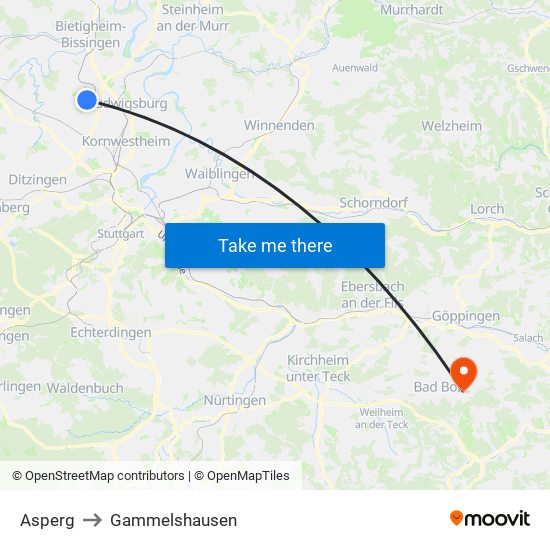 Asperg to Gammelshausen map