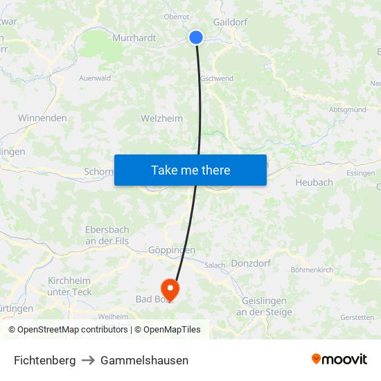 Fichtenberg to Gammelshausen map
