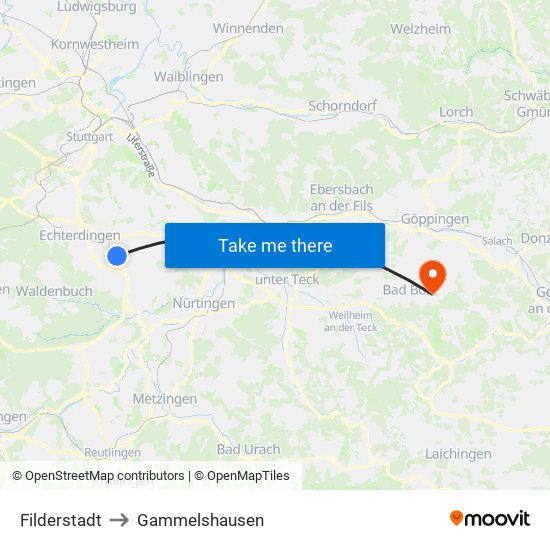 Filderstadt to Gammelshausen map