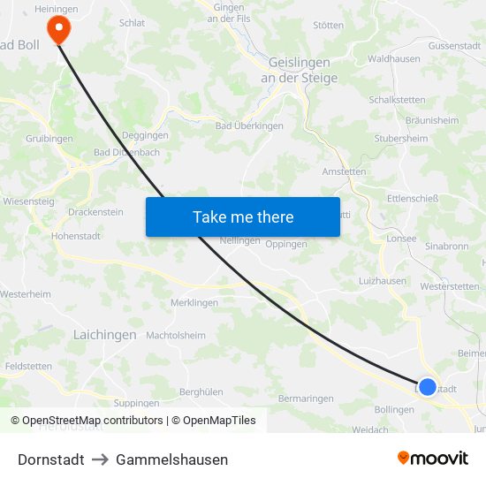 Dornstadt to Gammelshausen map